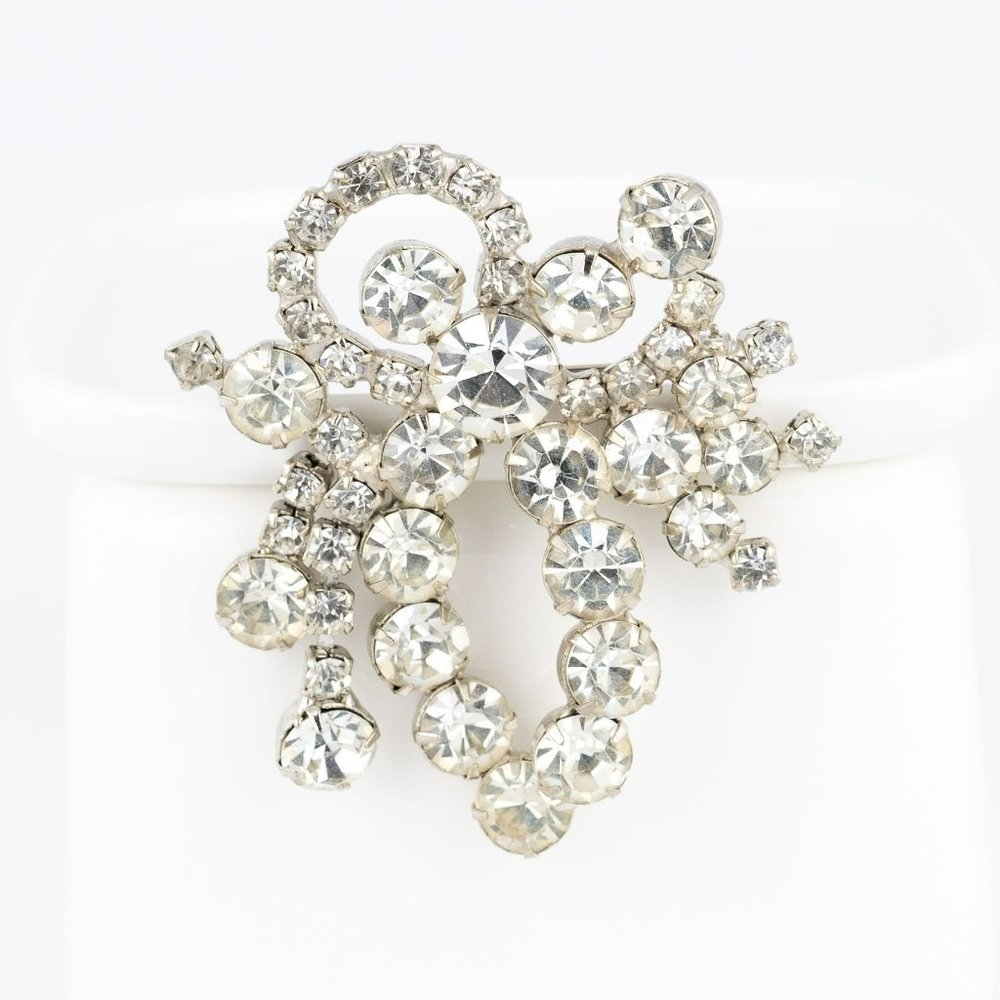 Vintage Brooch Silver Tone Clear Rhinestone Abstract Dangle Spray Round Stones